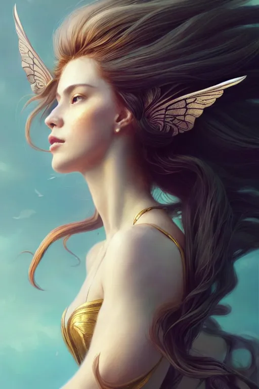 Prompt: 3 / 4 view of a portrait of woman with flowy hair, bird wings, confident pose, pixie, genshin impact,, intricate, elegant, sharp focus, illustration, highly detailed, concept art, matte, trending on artstation, bright colors, art by wlop and artgerm and greg rutkowski, marvel comics