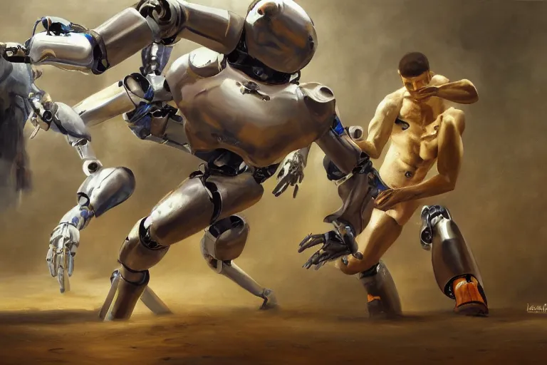 Prompt: oil painting of a human artist and a robot fighting, realistic human, detailed human body, human = man, highly detailed, 4k, trending on artstation