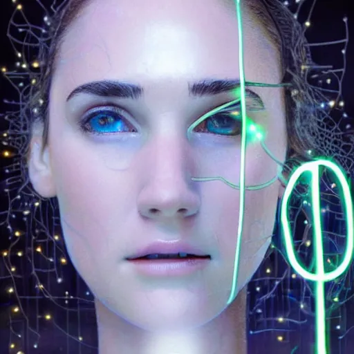 Image similar to beautiful centered Fine art photo portrait of enraptured young Jennifer Connelly as a solarpunk robotic humanoid, white mechanical parts with led lights, photorealistic, white background, highly detailed and intricate, sunset lighting, HDR 8k