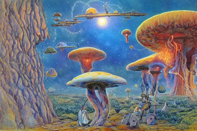 Image similar to how magic mushrooms can take us to the farthest reaches of innerspace, painting by james gurney