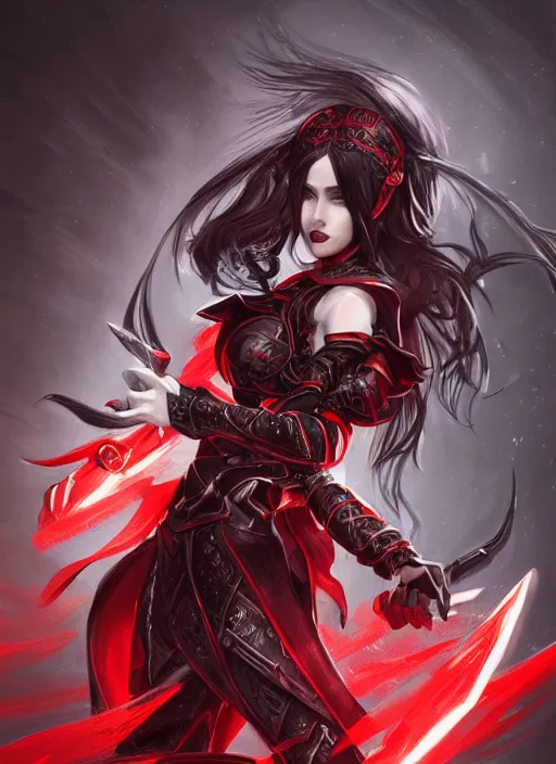 Image similar to a highly detailed illustration of elegant long black haired woman wearing red and black battle dress, heroically wielding black blade pose, with red magic surrounding her, intricate, elegant, highly detailed, centered, digital painting, artstation, concept art, smooth, sharp focus, league of legends concept art, WLOP