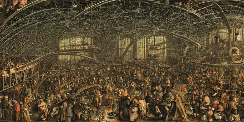 Prompt: interior of a nightmarish boiler room megastructure in the style of heironymus bosch, intricate masterpiece, hyper detailed, hd