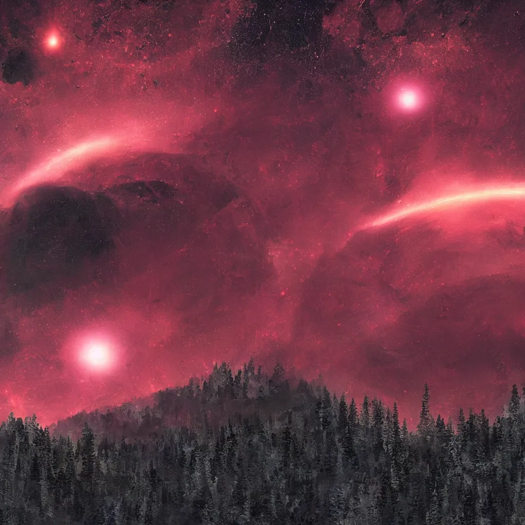 Image similar to A heavily-forested valley surrounded by snow-capped mountains at night, a red nebula and orange gas giant with rings in the sky, no clouds, sci-fi, photorealistic, landscape