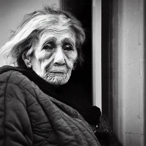 Prompt: black and white press photograph, highly detailed portrait of a depressed old lady drug dealer sitting by the window, detailed face looking into camera, eye contact, natural light, mist, fashion photography, film grain, soft vignette, sigma 85mm f/1.4 1/10 sec shutter, Darren Aronofsky film still promotional image, IMAX 70mm footage