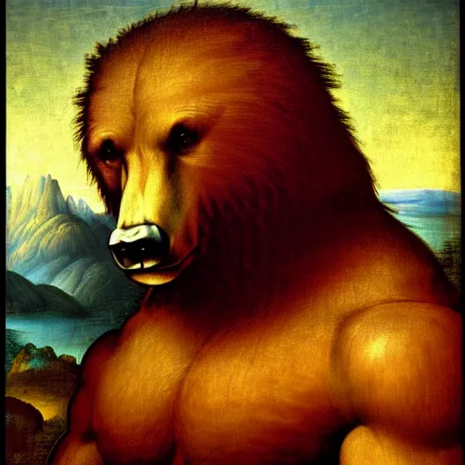 Prompt: a da vinci painting of an incredibly buff bear with massive muscles 4 k, high resolution, still, landscape, hd, dslr, hyper realistic, body builder, mr universe