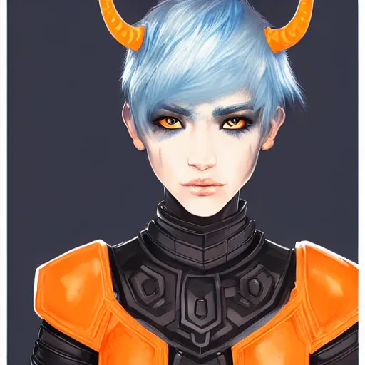 Image similar to illustrated realistic tilted head portrait human female prong-horned with blue bob hair and solid black-eyes black sclera wearing strap leather armor, orange glow, backlit by rossdraws