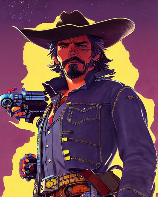 Image similar to mccree from overwatch, space cowboy, outter space, character portrait, portrait, close up, concept art, intricate details, highly detailed, vintage sci - fi poster, retro future, vintage sci - fi art, in the style of chris foss, rodger dean, moebius, michael whelan, and gustave dore