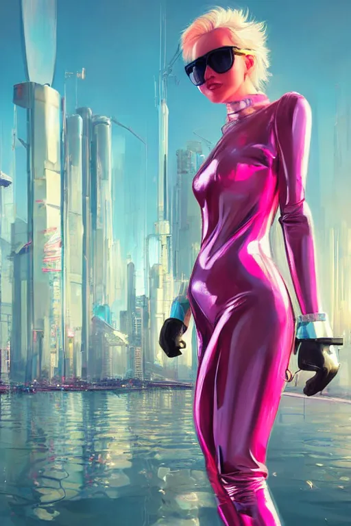 Prompt: a pretty smiling blonde girl with sunglasses dressed in a shiny pink plugsuit is walking over water, sun set and skyscrappers of a cyberpunk city in the background, art by guweiz, dramatic lighting, highly detailed, incredible quality, trending on artstation