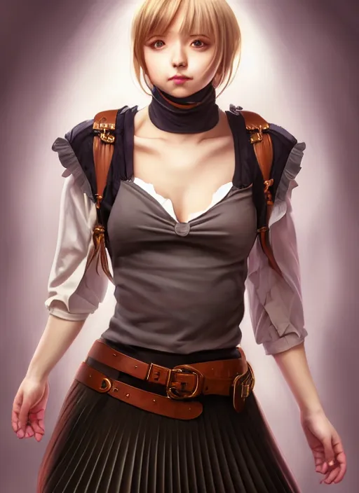 Image similar to portrait of a full body of beautiful young female detective, d & d, sleeveless turtleneck, pleated skirt, fantasy, flat lighting, intricate, highly detailed, digital painting, artstation, concept art, smooth, sharp focus, illustration, misa amane, art by simon bisley and greg rutkowski and alphonse mucha, natural tpose
