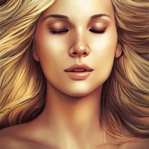 Prompt: a very beautiful blonde woman with her head leaning backwards, god ray across her face, eyes closed, front shot, close - up, hyper detailed, high contrast, bokeh background, realistic, digital art by magali villeneuve and artgerm, sharp focus 4 k