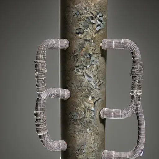 Image similar to a ceramic wind instrument made from a vertical arrangement of glazed ceramic pipes in the shape of vocal tracts emerging from mud blowing a pattern of vapour , 3D render , 8k , octane , frontal view