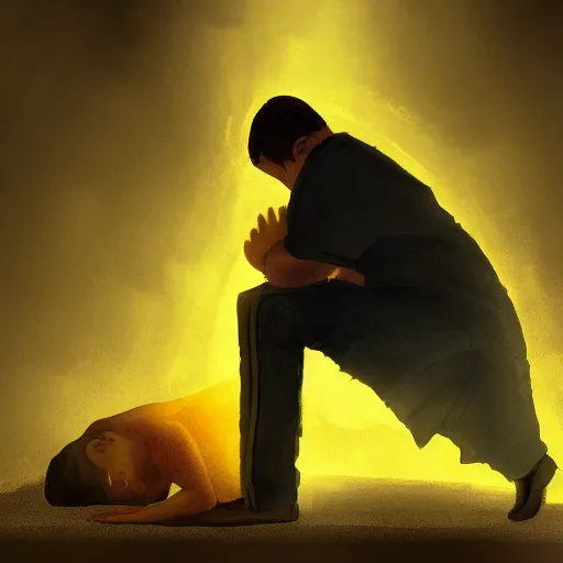 Prompt: An old catholic priest kneeled in fervent prayer. He is looking above him. His eyes are wide open with fear. Ominous dramatic yellow lighting. Overhead view, award-winning digital art, trending on ArtStation