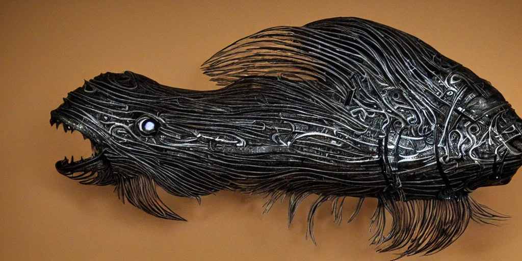 Image similar to angler fish sculpture, stylized layered shapes, long flowing fins, bioluminescent orbs, glowing eye, intricate, highly detailed, lifelike, smooth, sharp focus, art by h r giger