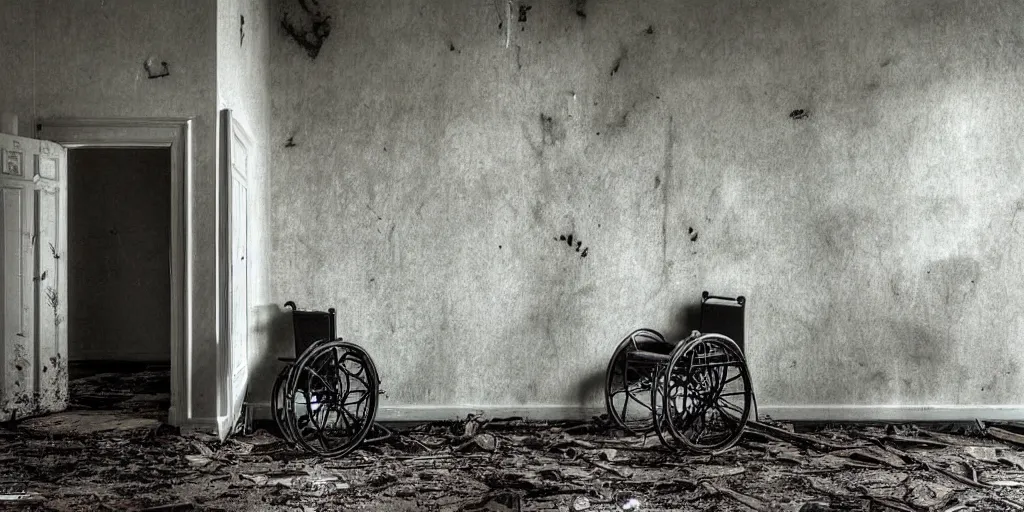 Prompt: abandoned psychiatric ward with paint peeling of the walls, dirty floor, broken wheelchair, stained bed, 1 9 0 0 s photography