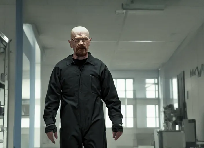 Image similar to film still of Walter White as Gordan Freeman wearing Black Mesa Jumpsuit in the Half Life Movie, 4k