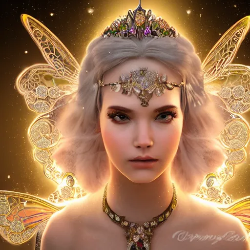 Image similar to portrait of fairy princess, glowing, ornate and intricate jewelry, jaw dropping beauty, glowing background lighting, white accent lighting, hyper detailed, fairy tale, 4 k octane render