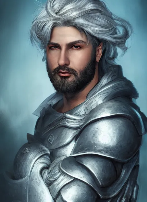 Prompt: an epic fantastic realism comic book style portrait painting of an aasimar paladin, male, angel wings on back, silver hair, short brown beard, d & d concept art, unreal 5, daz, teal aesthetic, octane render, cosplay, rpg portrait, dynamic lighting