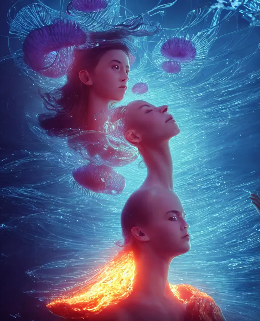 Image similar to close-up portrait of a beautiful princess floating in ethereum surrounded by floating jellyfish, energy flows of fire and water, flashes of plasma, 3d with depth of field, blurred background, a highly detailed epic cinematic concept art CG render. made in Maya, Blender and Photoshop, octane render, excellent composition, cinematic dystopian brutalist atmosphere, dynamic dramatic cinematic lighting, aesthetic, very inspirational, arthouse. y Greg Rutkowski, Ilya Kuvshinov, WLOP, Stanley Artgerm Lau, Ruan Jia and Fenghua Zhong