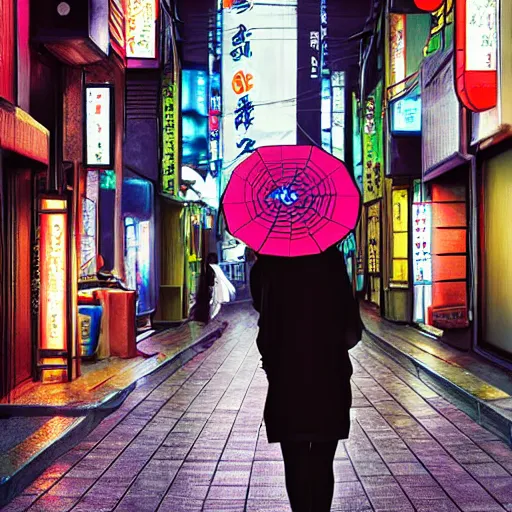 Image similar to japan narrow street with neon signs and a girl with umbrella wearing techwear, digital art, sharp focus, wlop, artgerm, beautiful, award winning,