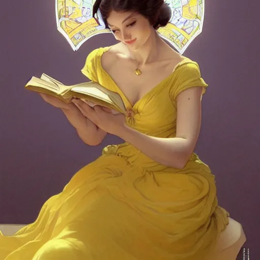 Image similar to a smiling beautiful woman wearing a yellow dress and reading a book, masterpiece, intricate, elegant, highly detailed, digital painting, artstation, concept art, smooth, sharp focus, illustration, art by artgerm and greg rutkowski and alphonse mucha and uang guangjian and gil elvgren and sachin teng, symmetry!!