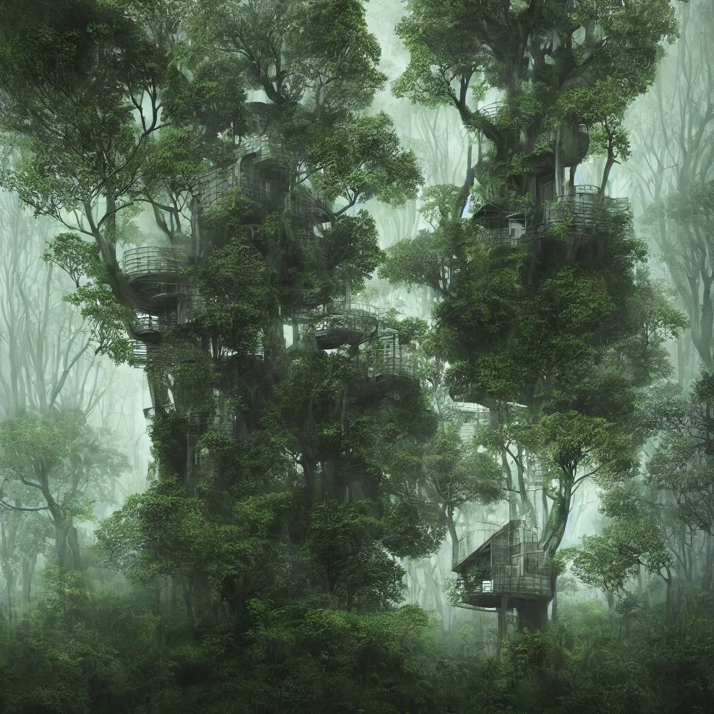 Prompt: “Hyper realistic, tree house, architettura shape of roots, architecture design, dark green tones in the deep forest, foggy, environment, Cinematography, mega scans,cinematic, hyper realistic, photo real, cinematic compositoio, highly detailed, vray, 8k render, high rendering”