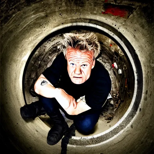 Image similar to Gordon Ramsey hiding in a sewer, creepy, grunge, IT