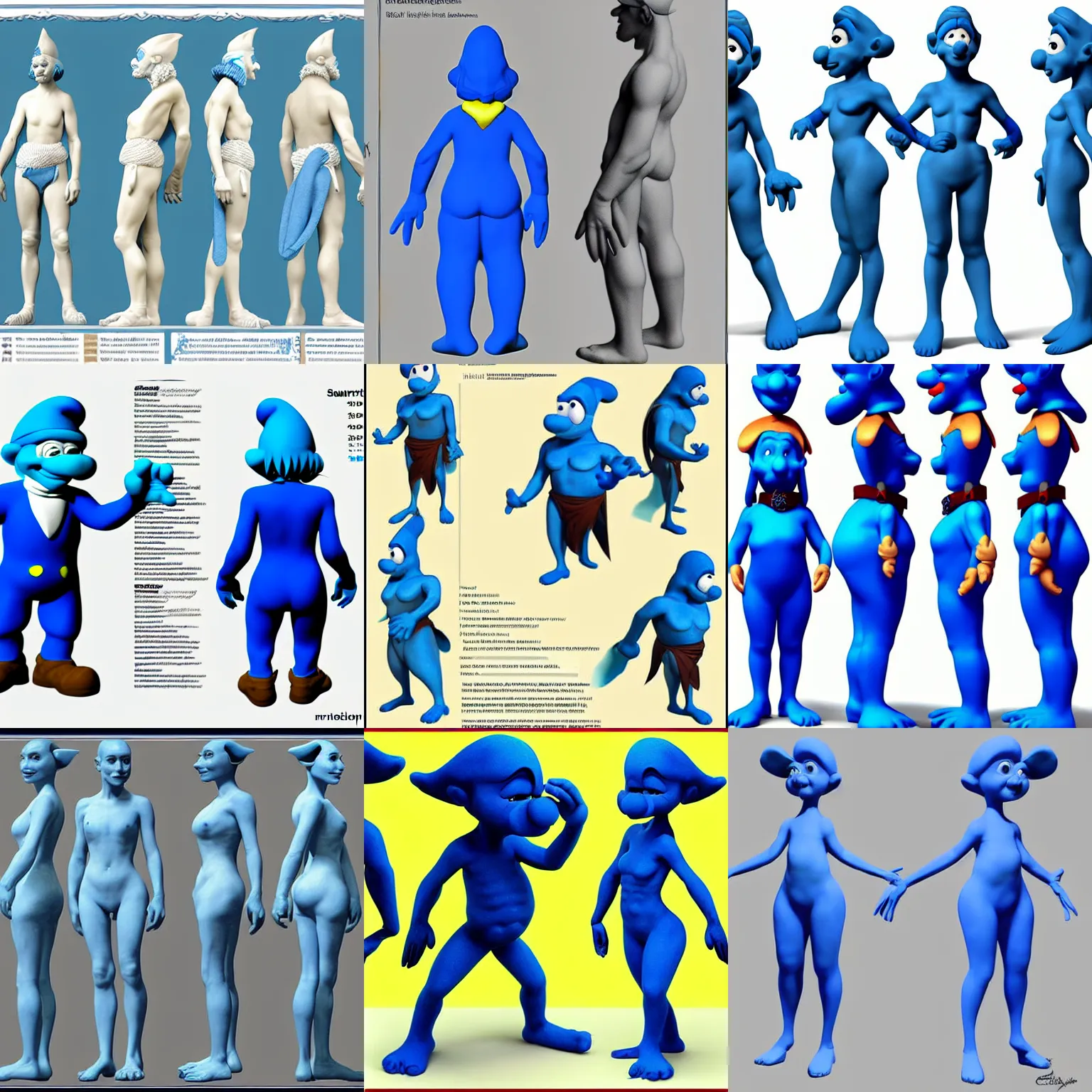 Prompt: smurf reference sheet, 3 d character reference sheet by malczewski, haute couture princes by caravaggio