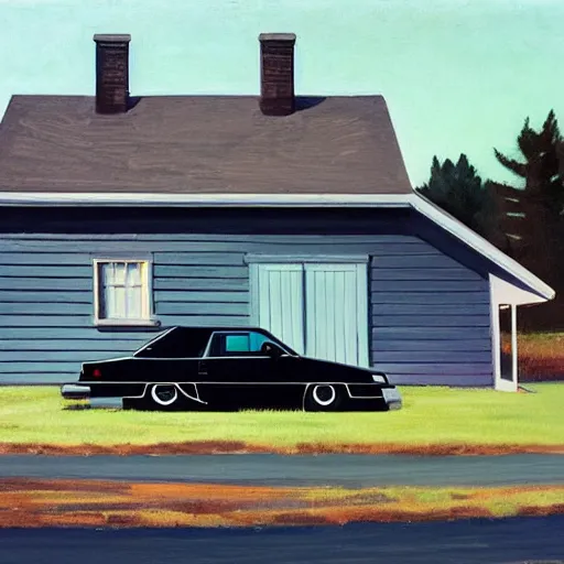 Image similar to a black 1990 Thunderbird super coupe parked in front of a rural farmhouse, painted by Edward hopper