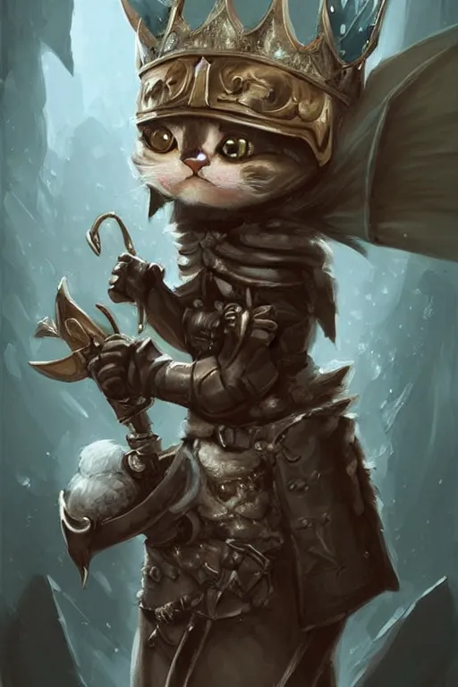 Image similar to cute little anthropomorphic cat knight wearing a cape and a crown, tiny, small, miniature cat , baby animal, short, pale blue armor, cute and adorable, pretty, beautiful, DnD character art portrait, matte fantasy painting, DeviantArt Artstation, by Jason Felix by Steve Argyle by Tyler Jacobson by Peter Mohrbacher, cinematic lighting