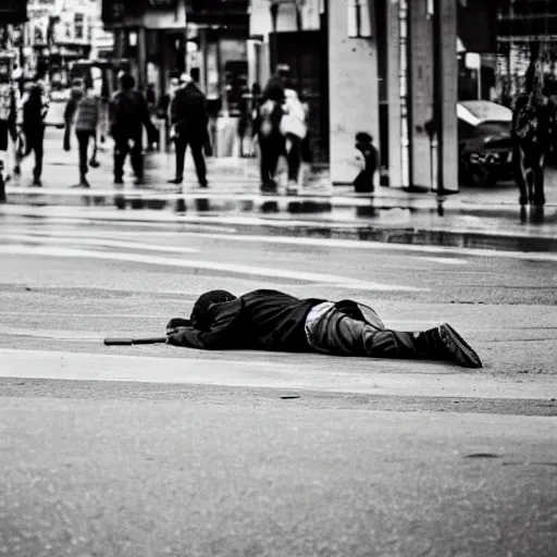 Prompt: a man laying lifeless on the road of a big city, photography,