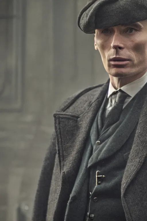 Prompt: Cillian Murphy in Peaky Blinders standing with his back to the fire, portrait