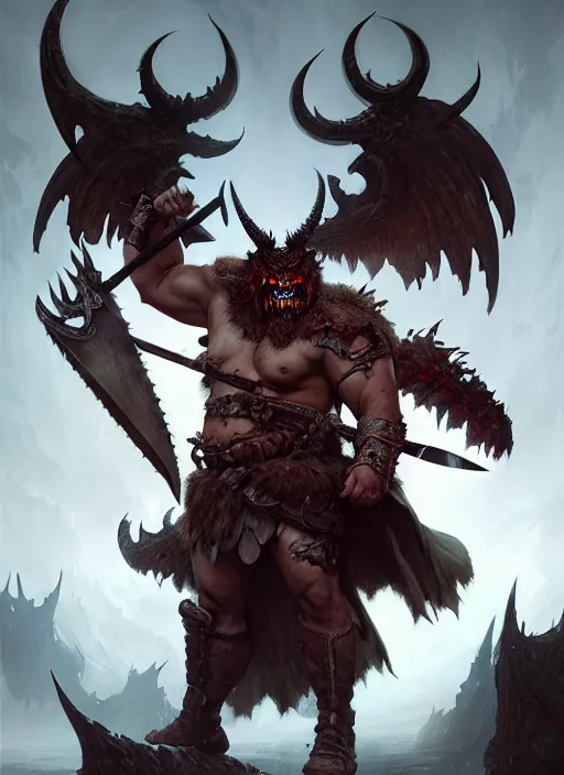 Image similar to a barbarian male horned demon with a huge sword and wings, dim light, front game card, marvel comics, dark, intricate, highly detailed, smooth, artstation, digital illustration by ruan jia and mandy jurgens and artgerm and wayne barlowe and greg rutkowski and zdislav beksinski