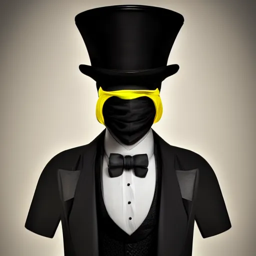 Image similar to a highly detailed portrait of a man in a high top hat covering his face, in a black tailcoat with a yellow waistcoat under the tailcoat, artstation, deviantart, professional, unreal engine 5, photorealistic