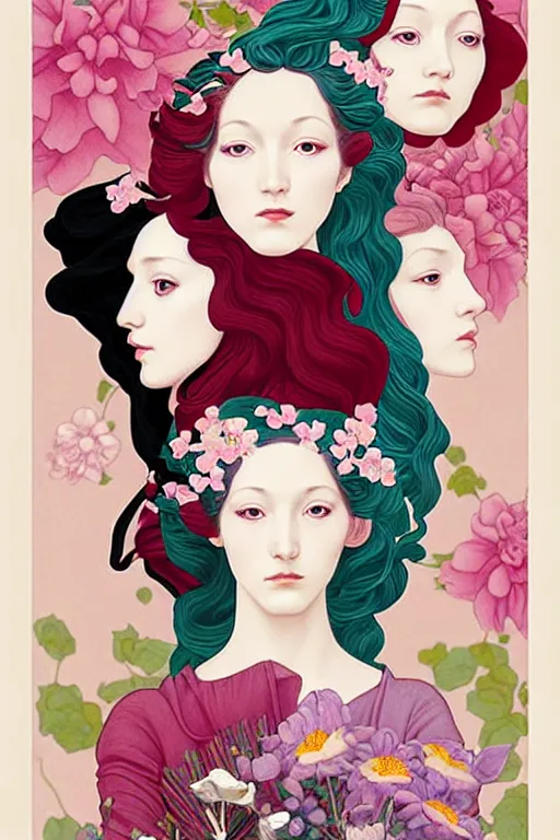 Image similar to 3 Spring Muses symbolically representing March, April, and May, in a style blending Æon Flux, Peter Chung, Shepard Fairey, Botticelli, Ivan Bolivian, and John Singer Sargent, inspired by pre-raphaelite paintings, shoujo manga, and cool Japanese street fashion, dramatically blossoming flora and fauna, petals falling everywhere, pastel vivid triad colors, hyper detailed, super fine inking lines, ethereal and otherworldly, 4K extremely photorealistic, Arnold render