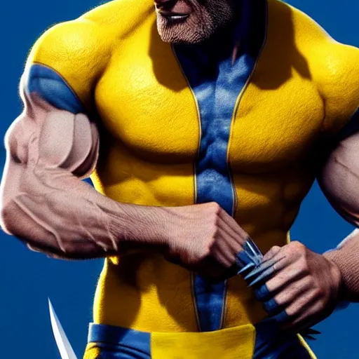 Prompt: clint eastwood as wolverine in blue and yellow costume, octane render, beautiful composition, trending on artstation, award - winning photograph, masterpiece