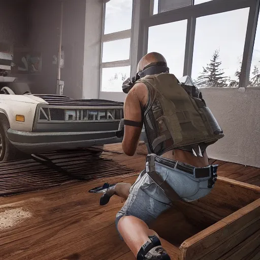 Prompt: hyper realistic image of pubg in the bathroom sitting and pooping