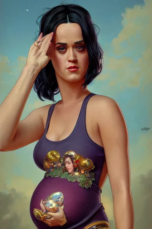 Image similar to pregnant katy perry in a tank top, realistic portrait, symmetrical, highly detailed, digital painting, artstation, concept art, smooth, sharp focus, illustration, cinematic lighting, art by artgerm and greg rutkowski and alphonse mucha