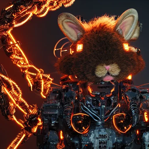 Image similar to human mole chimera, furry, extremely detailed, large rabbit ears, extremely detailed fur, intricate neon circuit pattern, exoskeleton mecha suit, cyborg, surrounded by fire, time travel, lightning arc plama, futuristic, ultra detailed, 8 k, ultra realistic, cinematic atmosphere, unreal engine, octane render, trending on artstation, cgi, photorealistic
