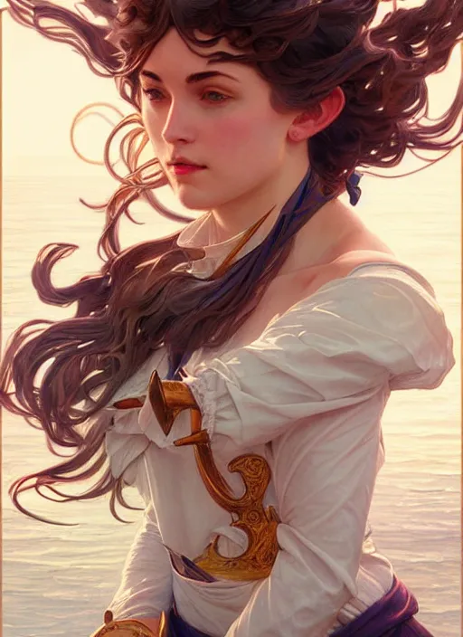 Image similar to sailor on its boat, fantasy, highly detailed, digital painting, artstation, concept art, wallpaper, smooth, sharp focus, illustration, art by artgerm and greg rutkowski and alphonse mucha