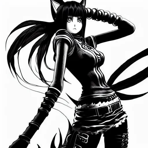 Image similar to Jinx (league of legends, 2009), artwork by kentaro miura, Kentaro Miura style, Berserk Style, High details, cinematic composition, manga, black and white ink style, a lot of details with ink shadows