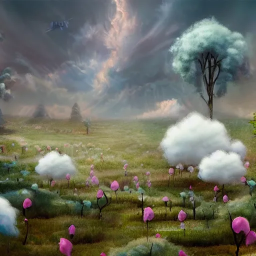 Image similar to a detailed matte painting of a field of cotton candy plants, cgsocidety, fantasy art