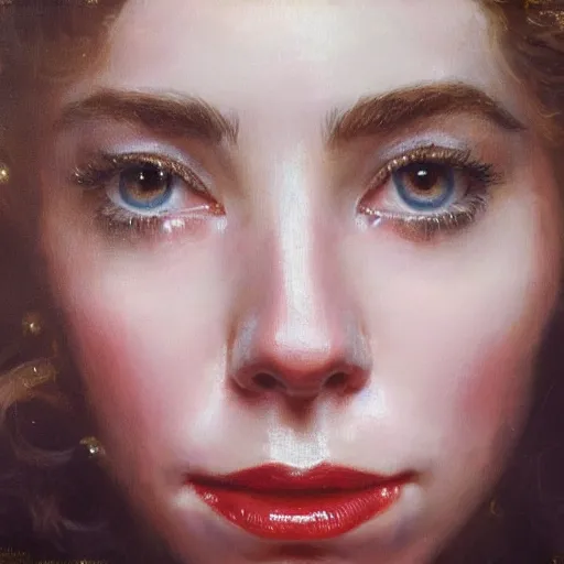 Image similar to vanessa kirby as princess margaret, a beautiful closeup oil painting smooth face, wet lips, perfect eyes, insanely detailed, elegant, by wlop, livia prima, mucha,