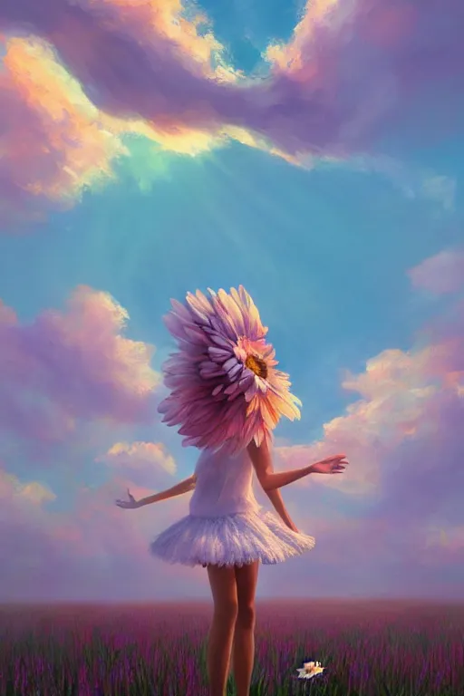 Image similar to giant white daisy flower as head, girl dancing in a flower field, surreal photography, sunrise, dramatic light, impressionist painting, colorful clouds, digital painting, artstation, simon stalenhag