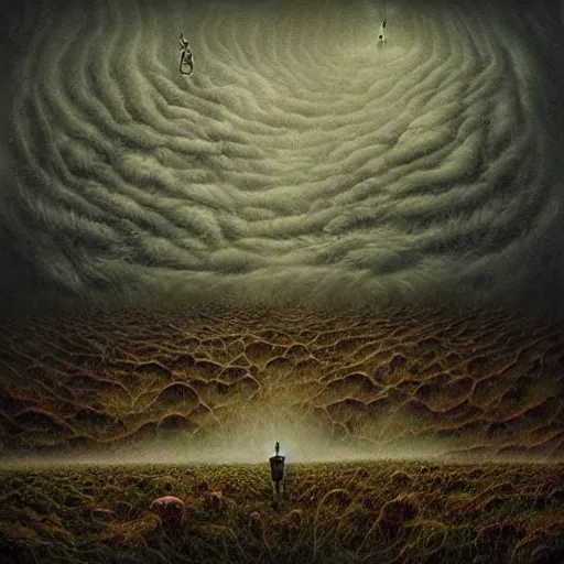 Prompt: a hyperrealistic painting of a psychedelic nightmare landscape, by anton semenov and santiago caruso, highly detailed, vivid color,