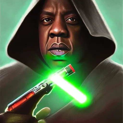 Image similar to Jay-Z as a Jedi from Star Wars fighting darth Vader , green light saber, realistic portrait, symmetrical, highly detailed, digital painting, artstation, concept art, smooth, sharp focus, illustration, cinematic lighting, art by artgerm and greg rutkowski and alphonse mucha