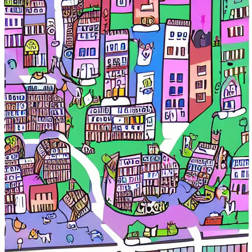 Prompt: a cat make a city map to other cat so theyre save from drunken people whose eat them,digital art,art station,hdd,8k,dense city,slum