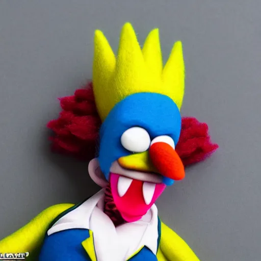 Prompt: krusty the clown as a muppet. highly detailed felt. hyper real photo. 4 k.