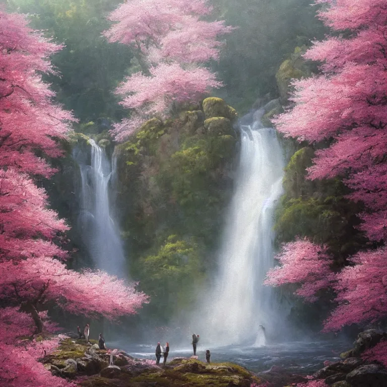 Image similar to A beautiful oil painting of a very tall waterfall on a very rocky cliff, in the middle of a huge forest of cherry blossom trees with bright pink glowing leaves, by Greg Rutkowski