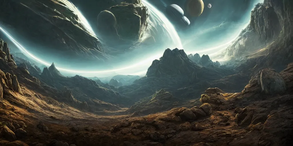 Image similar to alien environment with epic mountains and cliffs and planets in the sky by james clyne, epic lighting, cinematographic, 8 k, award winning, ultra detailed