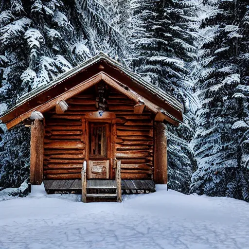 Image similar to winter cabin in the woods, snow falling, pine trees, photograph, f 8. 0 3 2 mm,